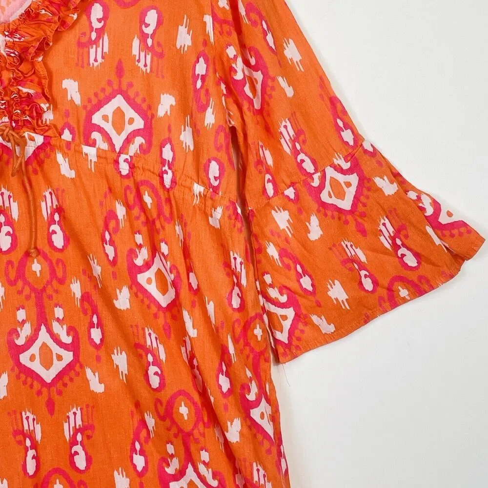 Mud Pie Dress Women Medium Orange Pink Ikat Ruffle Bell Sleeve Boho Coastal